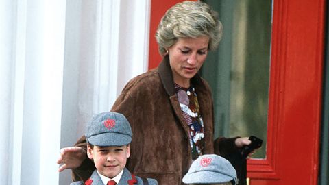 Diana and her two boys walk outside the Wetherby School in London in April 1990. 