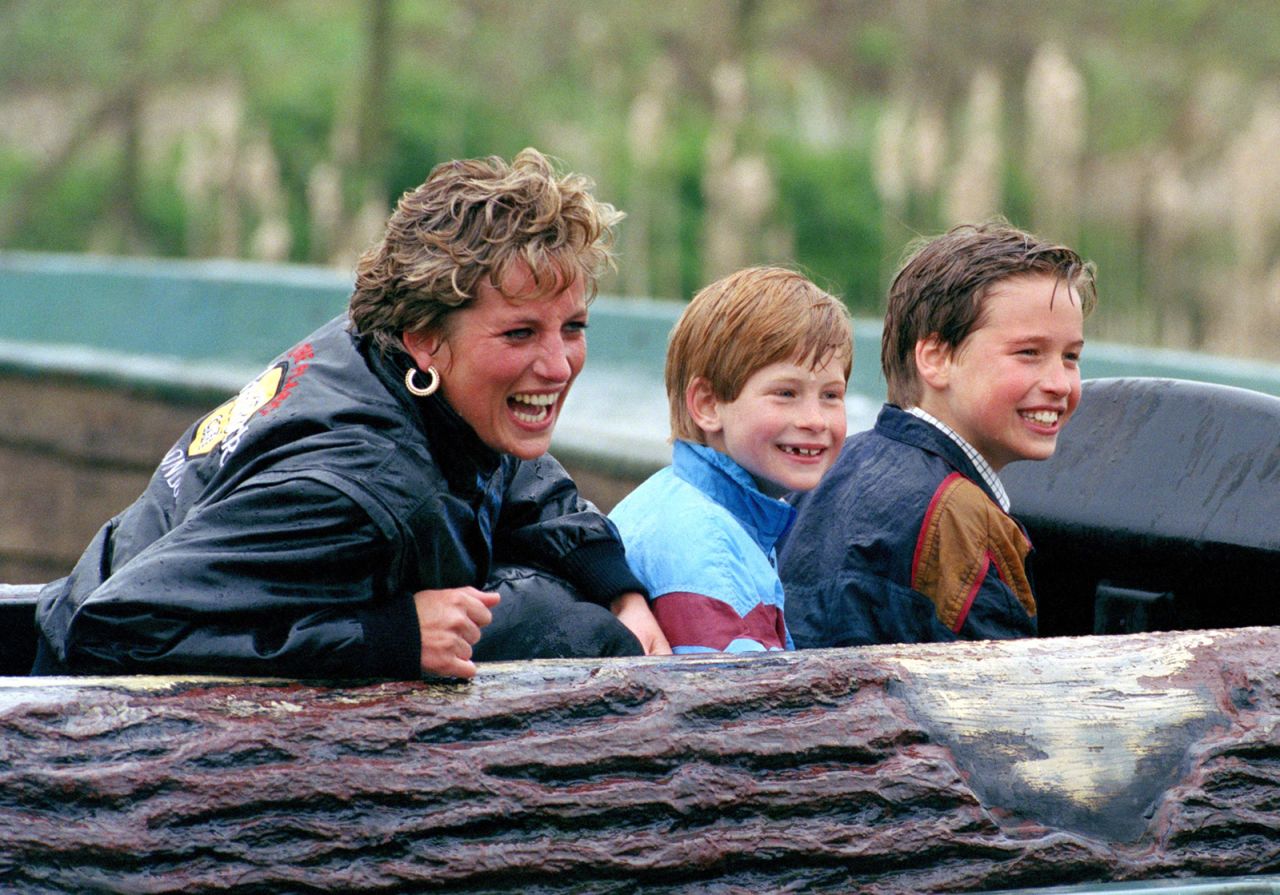 Diana and her sons visit Thorpe Park, a theme park in Surrey, England, in April 1993. 