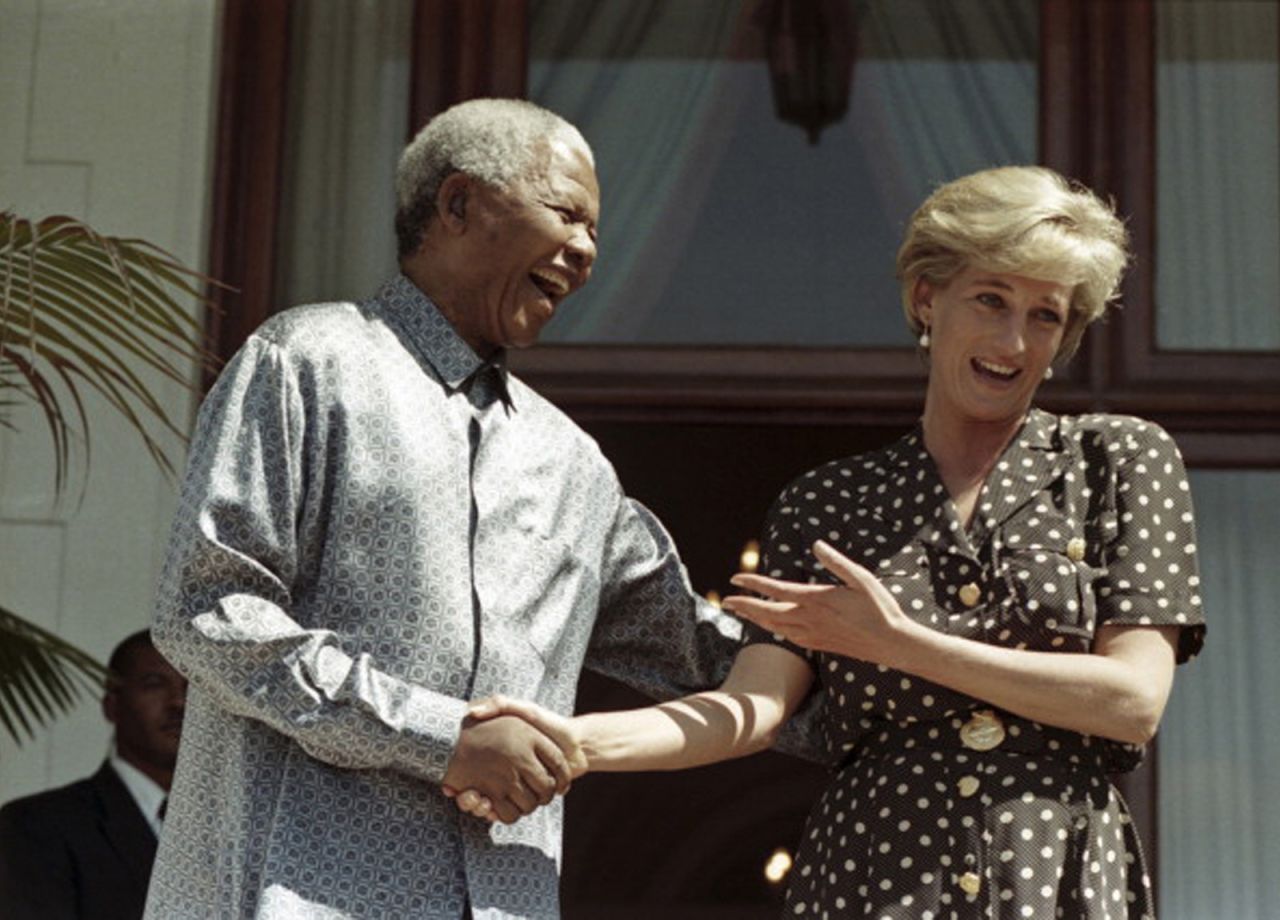Diana visits Cape Town, South Africa, and meets with South African President Nelson Mandela in March 1997. 