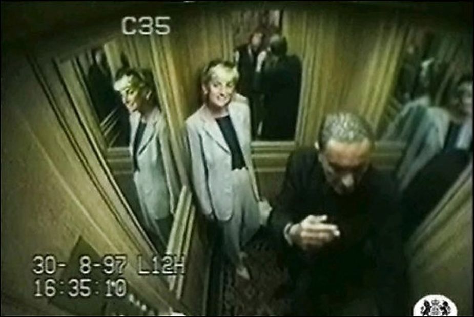 Diana is seen in a Ritz Hotel elevator with her boyfriend, Dodi Fayed. After leaving the hotel, the couple was killed in a high-speed car crash in the Pont de l'Alma tunnel in Paris. 