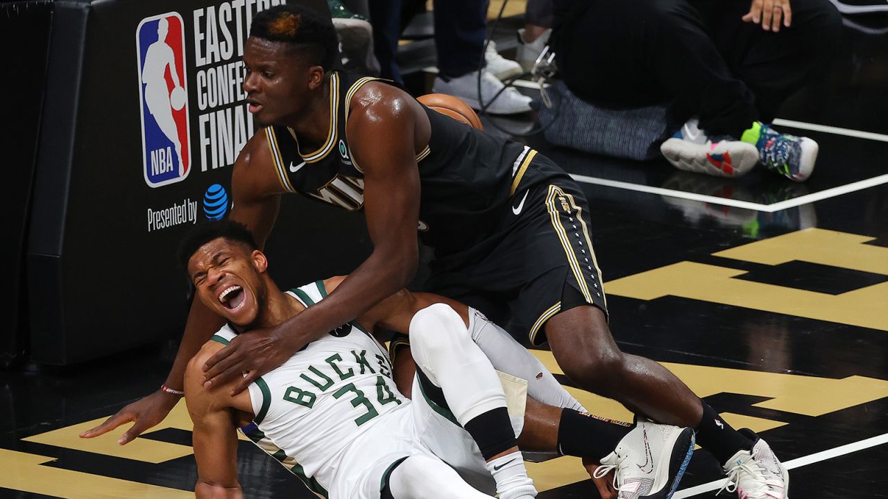 Giannis Antetokounmpo is injured against the Atlanta Hawks on Tuesday.