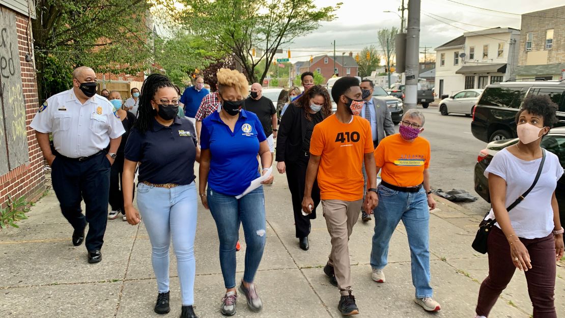 Left to right, Police Commissioner Michael Harrison; Councilwoman Phylicia Porter; Shantay Jackson, director of the Mayor's Office of Neighborhood Safety and Engagement; Mayor Brandon Scott; and Dr. Letitia Dzirasa, Health Commissioner.