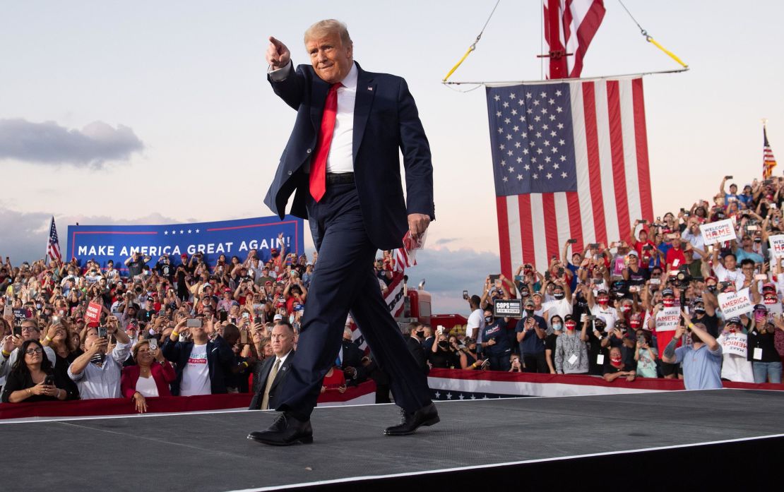 US President Donald Trump holds a Make America Great Again rally as he campaigns at Orlando Sanford International Airport in Sanford, Florida, October 12, 2020.