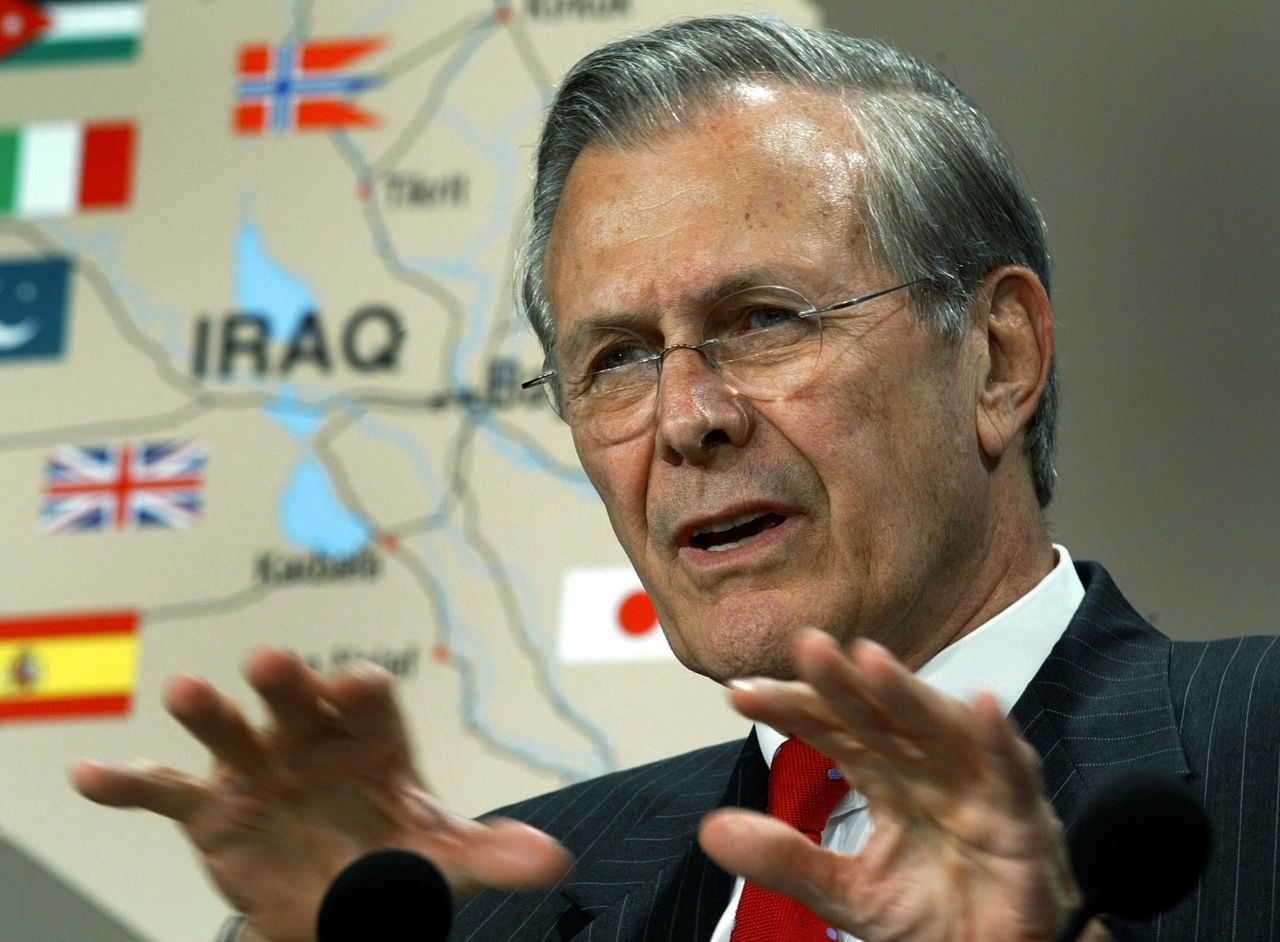 Rumsfeld briefs reporters at the Pentagon in April 2003. The Iraq War began a month earlier.