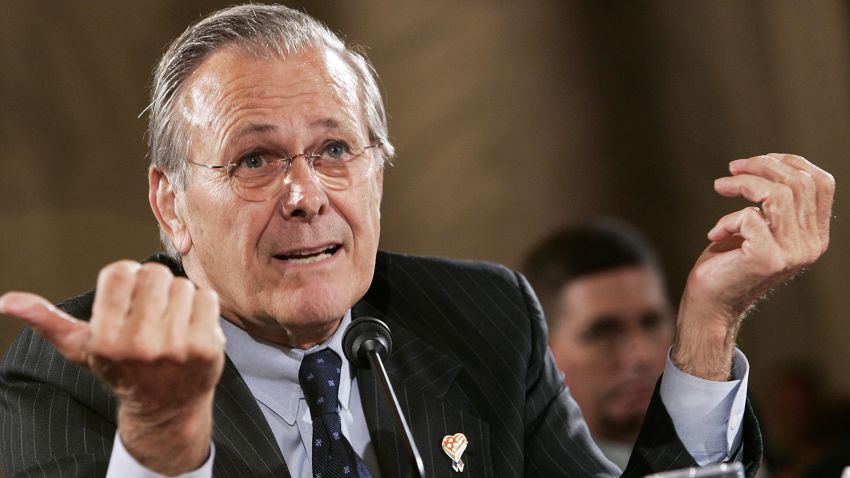 FILE - JUNE 30, 2021: According to his family, former U.S. Secretary of Defense Donald Rumsfeld has passed away. WASHINGTON - JUNE 23:  Secretary of Defense Donald Rumsfeld gestures as he testifies during a hearing before the Senate Armed Services Committee June 23, 2005 on Capitol Hill in Washington, DC. The hearing was focused on U.S. military strategy and operations in Iraq.  (Photo by Alex Wong/Getty Images)