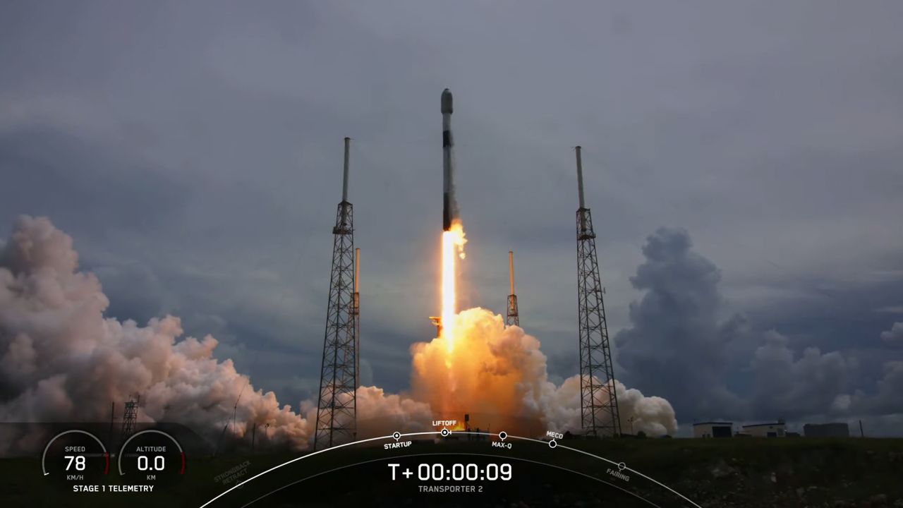 A SpaceX Falcon 9 rocket takes off from Cape Canaveral Space Force Station with 88 satellites on board.