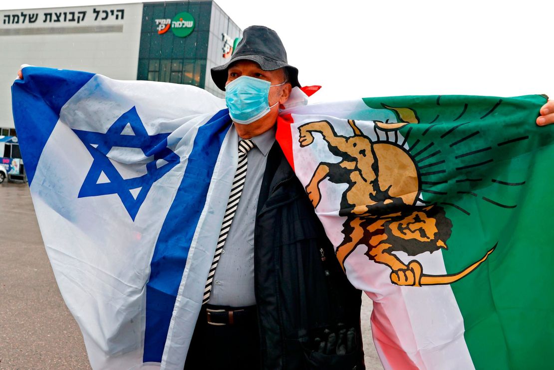 An Israeli man of Iranian descent holds Iran's pre-revolution flag in support of Iranian judoka Saeid Mollaei during the Tel Aviv Grand Slam 2021 on February 19, 2021.