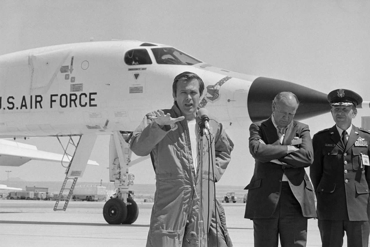 Rumsfeld, speaking at a California Air Force base in April 1976, describes the B-1 bomber he had just personally flew. Before entering politics, Rumsfeld served in the US Navy as a naval aviator and flight instructor.