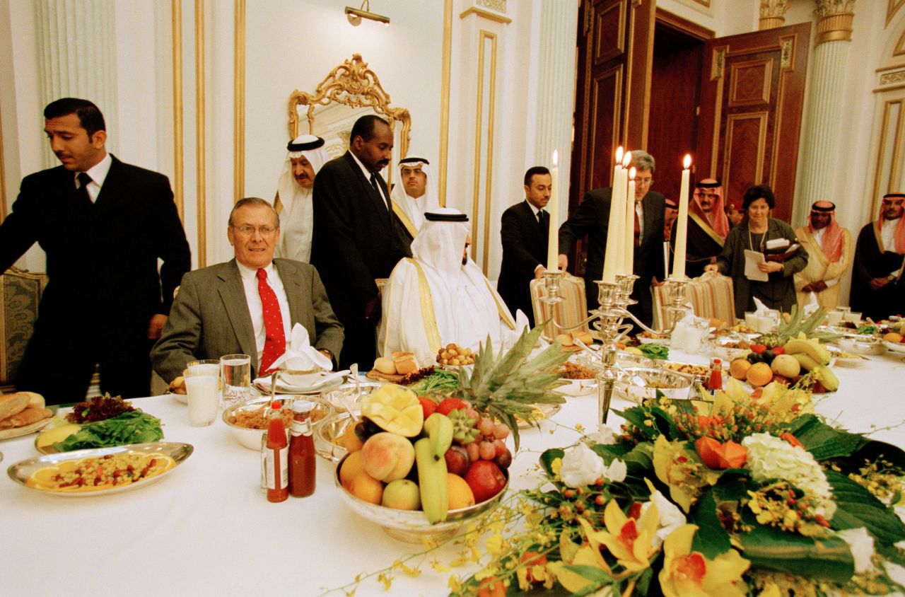 Rumsfeld sits with Saudi Arabian leaders during a visit to Riyadh, Saudi Arabia, in October 2001.