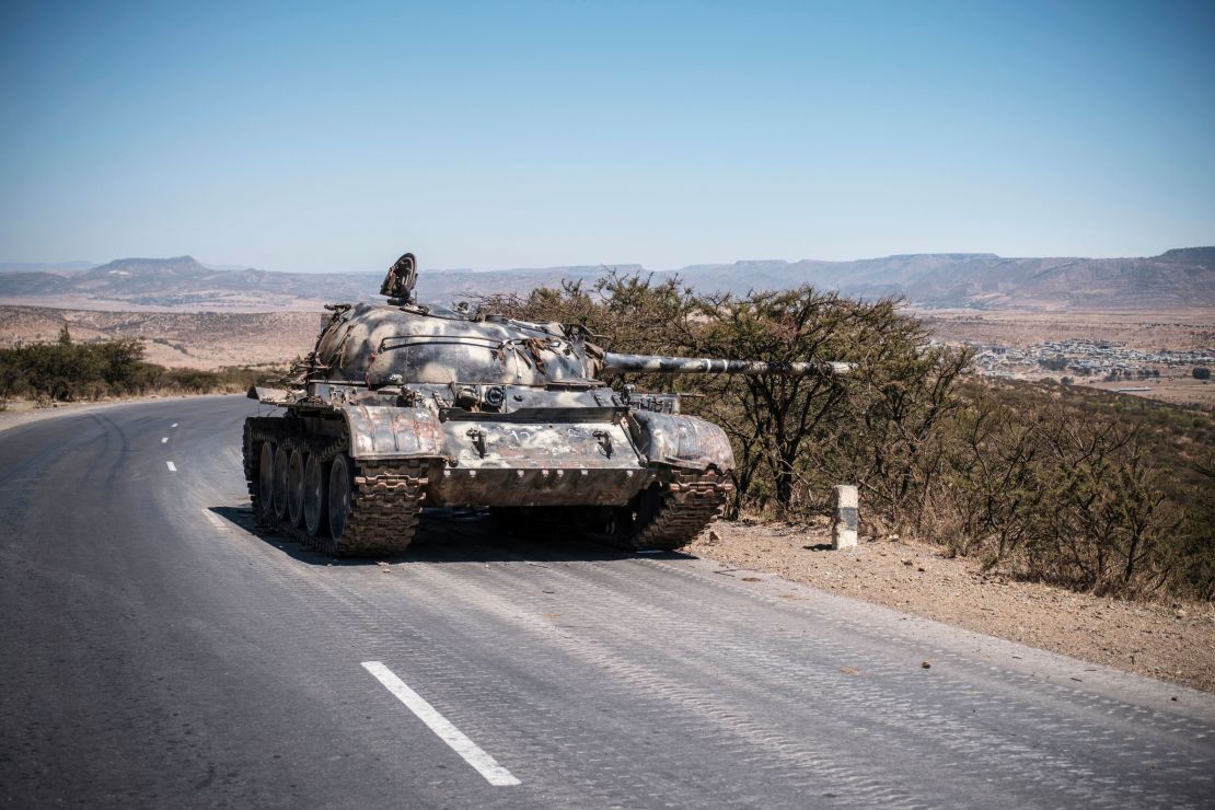 A damaged tank on a road north of Mekelle, the capital of Tigray, on February 26