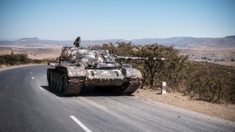 A damaged tank on a road north of Mekelle, the capital of Tigray, on February 26