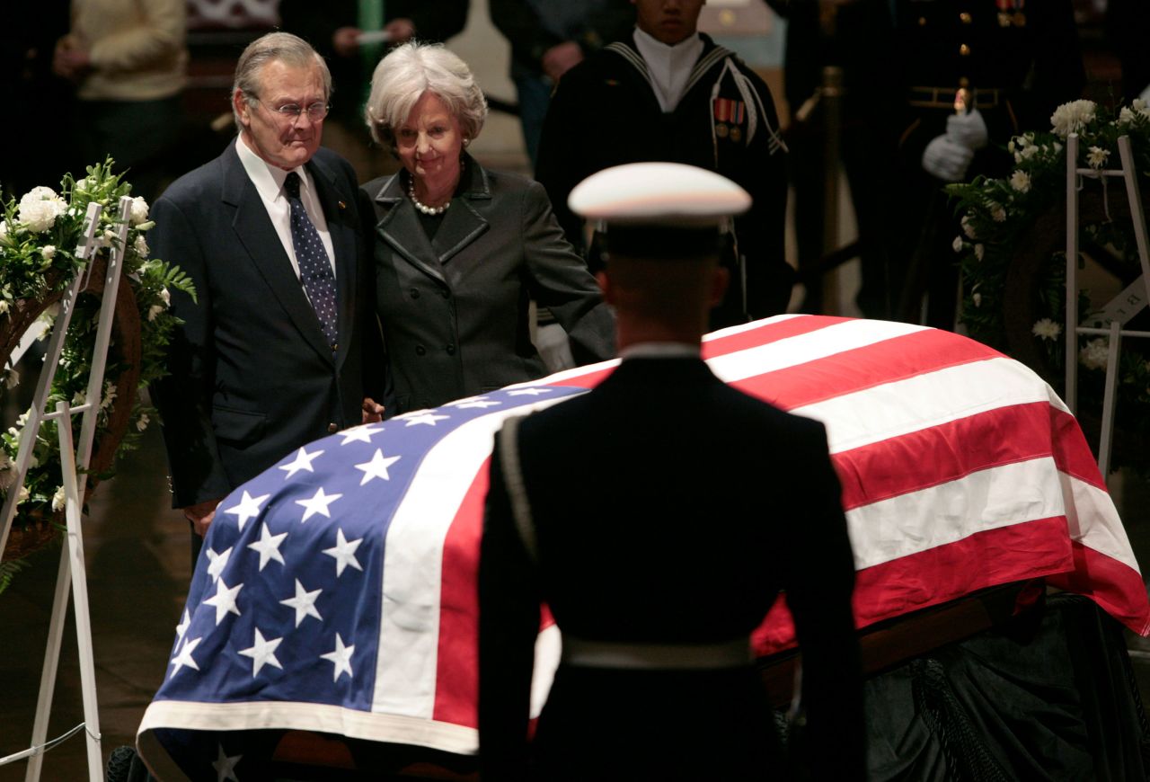 Rumsfeld and his wife, Joyce, pay their respects to former President Gerald Ford inside the US Capitol Rotunda in 2007.