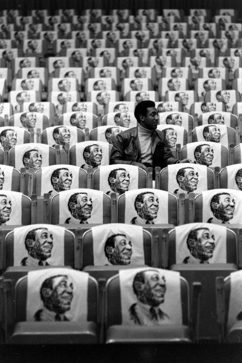 Chairs have Cosby's face on them at a press conference in Las Vegas in February 1968.