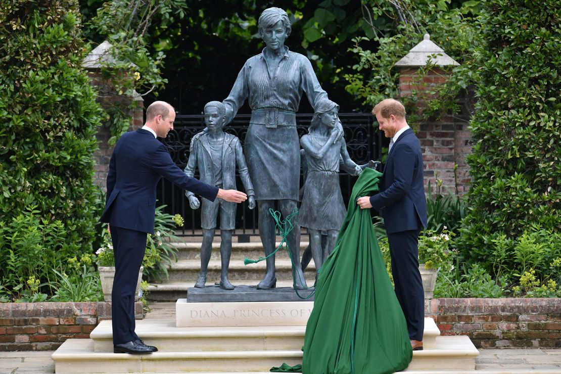 The brothers unveil the statue they commissioned on the 20th anniversary of Princess Diana's death.