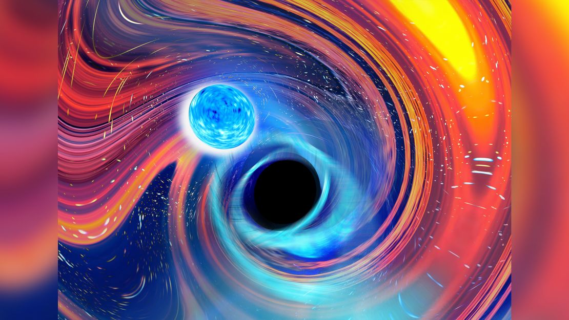 This illustration provides an artistic view of what happens when a black hole swallows a neutron star. 