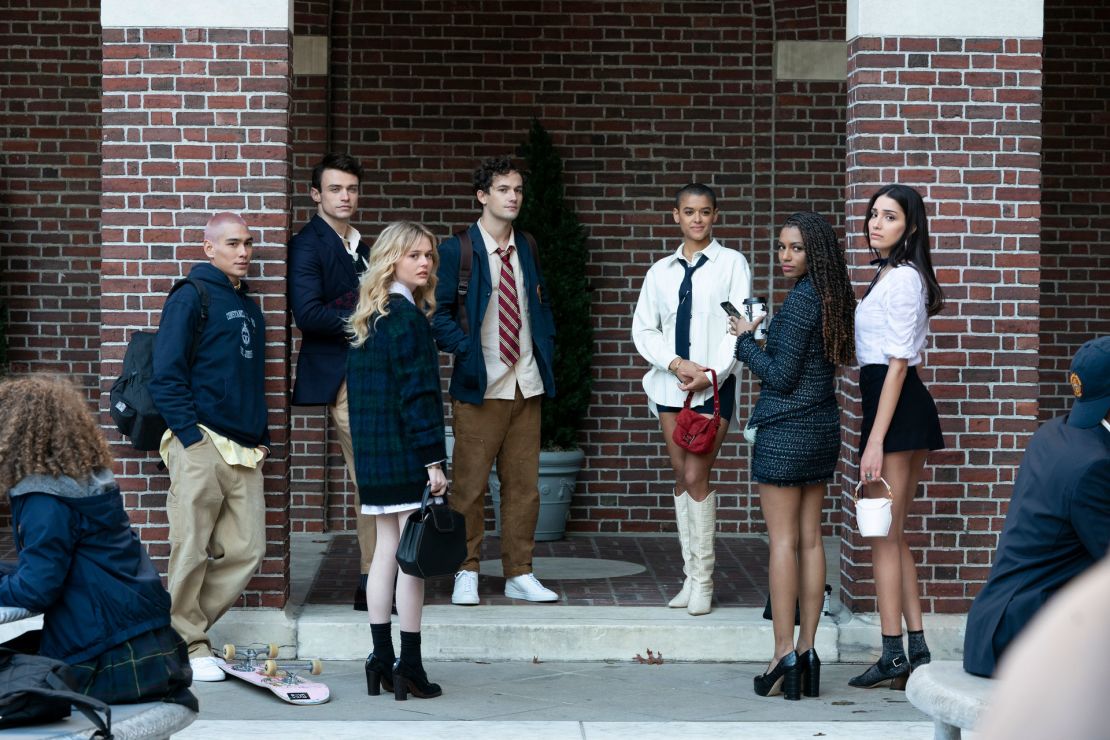 (From left) Evan Mock, Thomas Doherty, Emily Alyn Lind, Eli Brown, Jordan Alexander, Savannah Lee Smith and Zion Moreno star in "Gossip Girl."