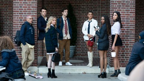 (From left) Evan Mock, Thomas Doherty, Emily Alyn Lind, Eli Brown, Jordan Alexander, Savannah Lee Smith and Zion Moreno star in "Gossip Girl."                             