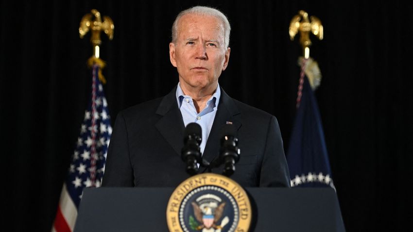 US President Joe Biden speaks about the collapse of the 12-story Champlain Towers South condo building last week in Surfside, Florida, following a meeting with families of victims in Miami, Florida, July 1, 2021. 