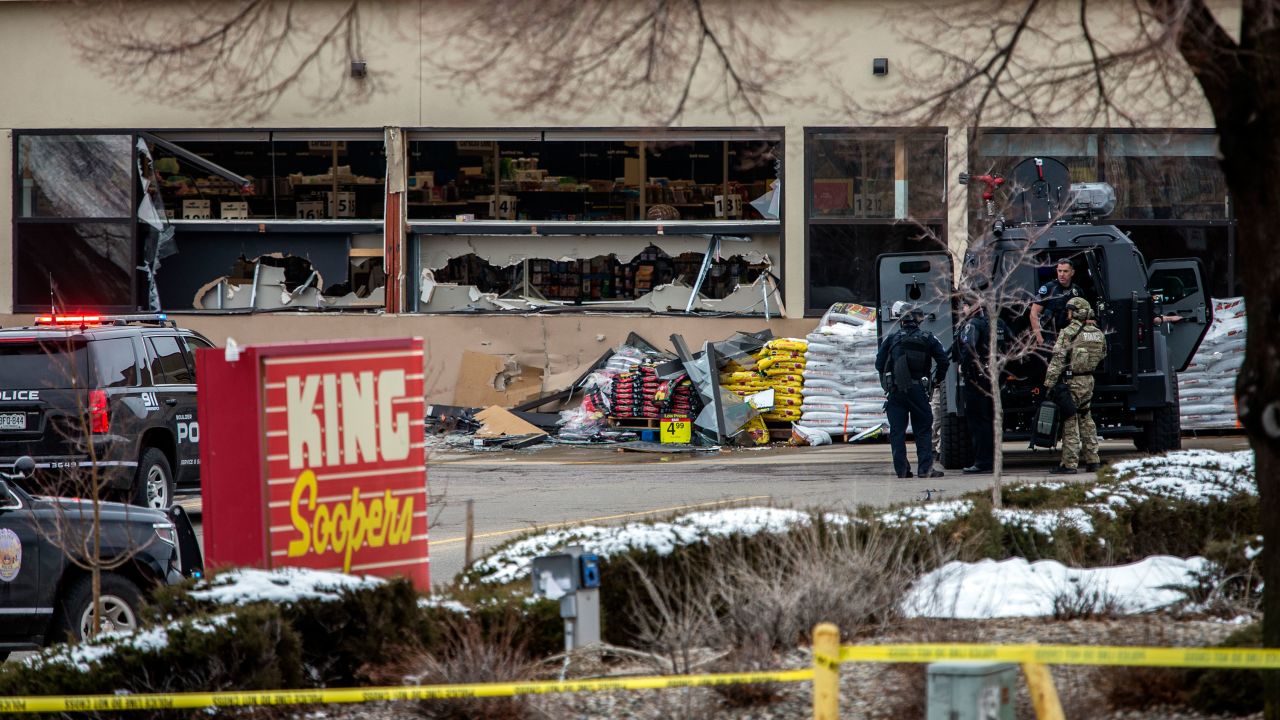 Tactical police units respond to the scene of a King Soopers grocery store after a shooting on March 22, 2021 in Boulder, Colorado.