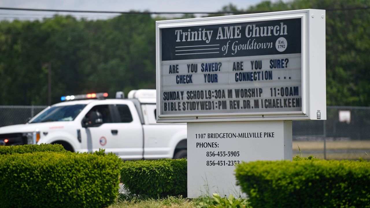 A church sign located across the street from a home where a mass shooting took place in Fairfield Township, N.J.