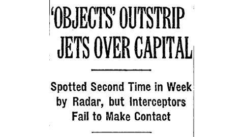 A New York Times headline from July 28, 1952, describes sightings over Washington, DC.