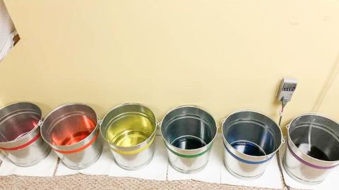 To keep track of each humidifier's output during our pump hose test, we used colored powdered dye.