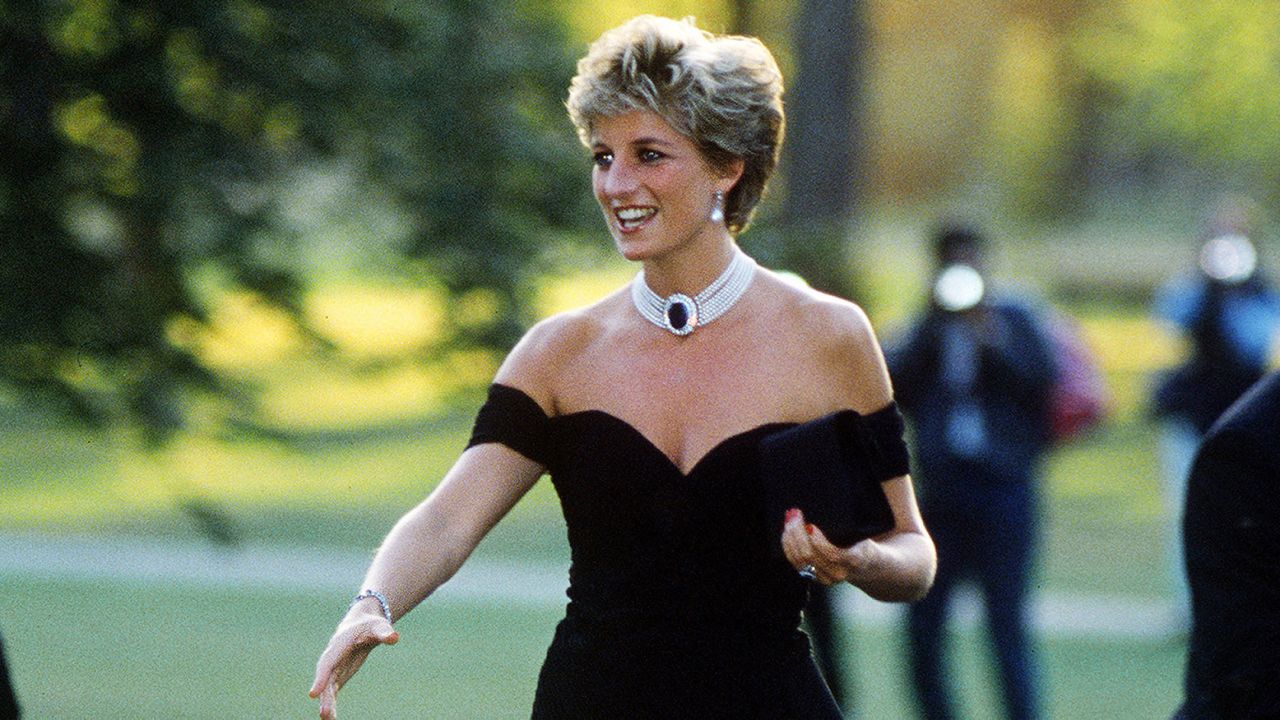 Princess Diana arrives at the Serpentine Gallery, London, in a gown by Christina Stambolian, June 1994.