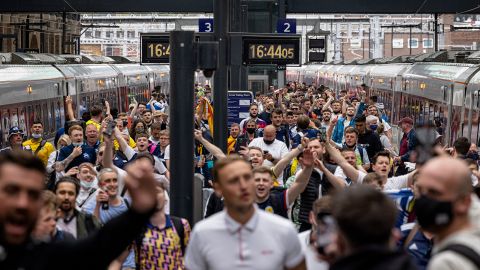 Scotland fans arrive at King's Cross Station in London ahead of its game against England.