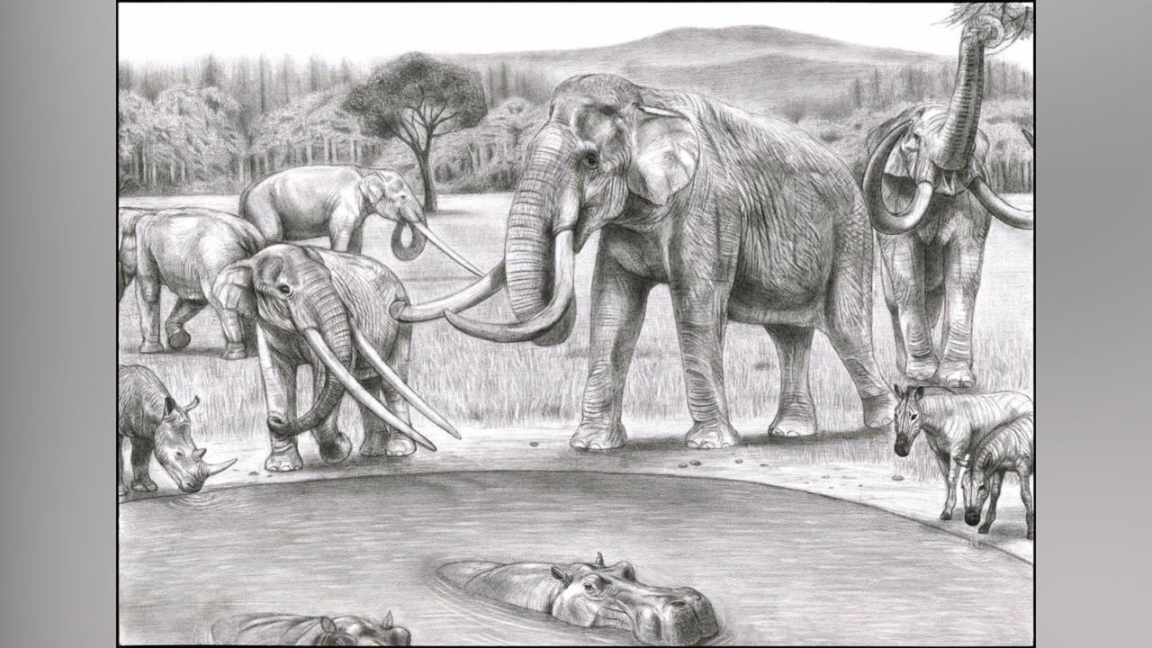 This illustration depicts northern Italy 2 million years ago. The primitive southern mammoths, Mammuthus meridionalis (right), shared their watering hole with the mastodont-grade Anancus arvernensis (left).