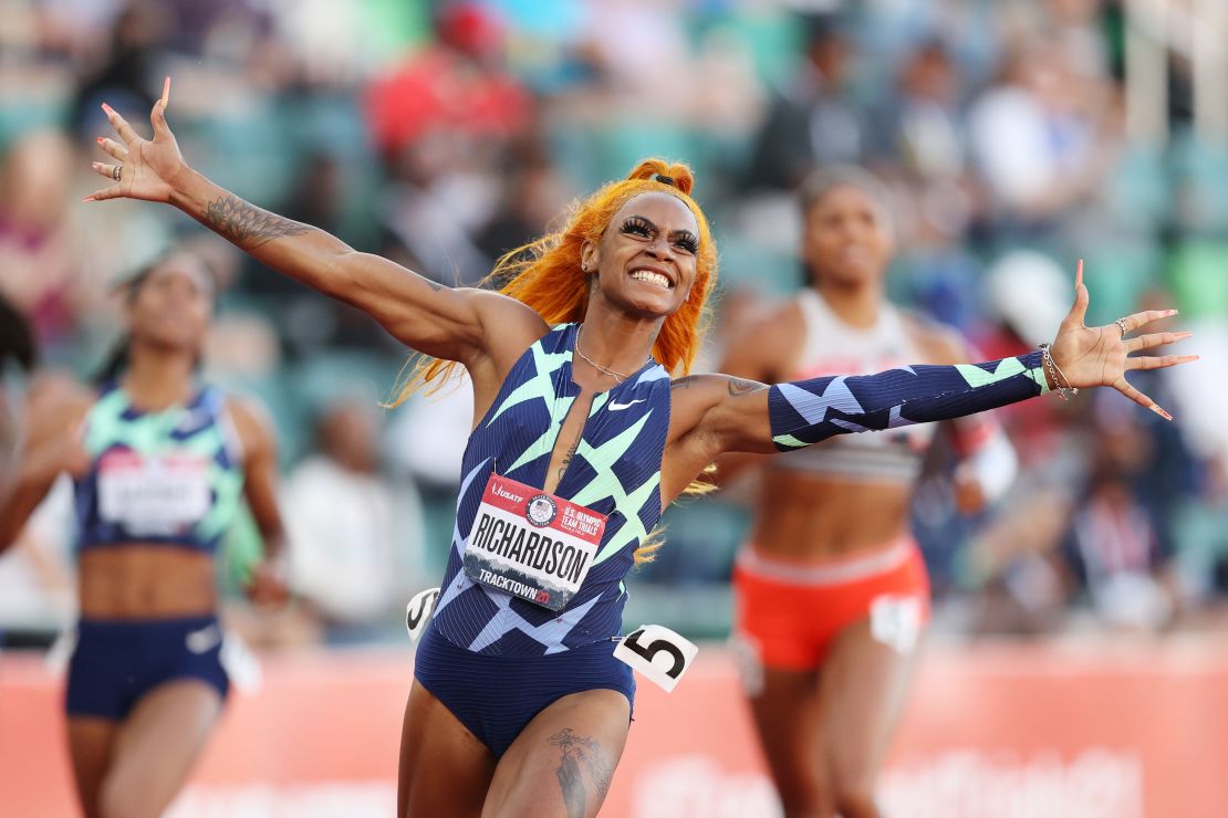 Sha'Carri Richardson celebrates winning the women's 100m final at the 2020 U.S. Olympic Track & Field Team Trials at Hayward Field on June 19, 2021 in Eugene, Oregon.