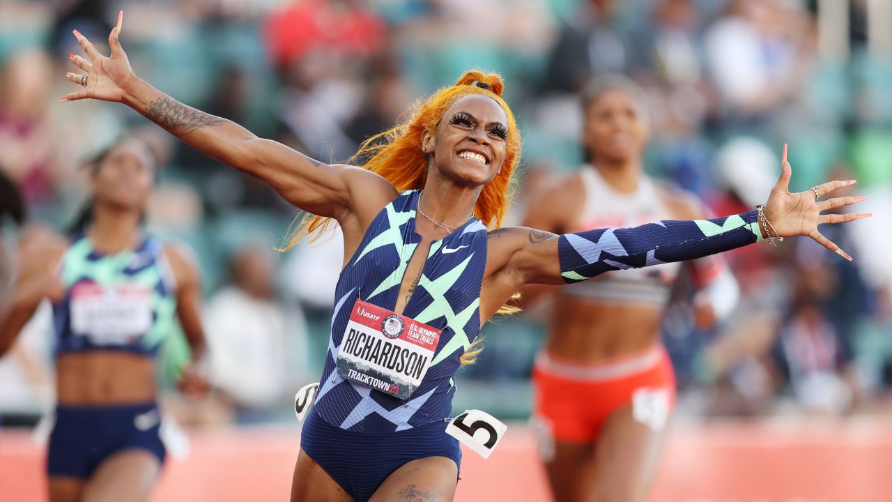 Sha'Carri Richardson celebrates winning the 100-meter final at the US Olympic team trials in June.