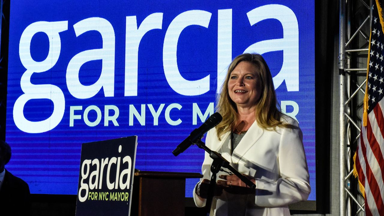 Kathryn Garcia, candidate for Mayor of New York City, delivers remarks to supporters on June 22, 2021 in the Bushwick neighborhood in New York City. 
