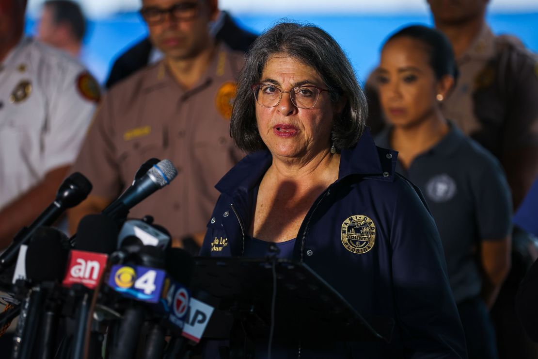 Miami-Dade Mayor Daniella Levine Cava delivers a speech during a rescue operation of the partially collapsed Champlain Towers South in Surfside, Florida on June 29, 2021. 