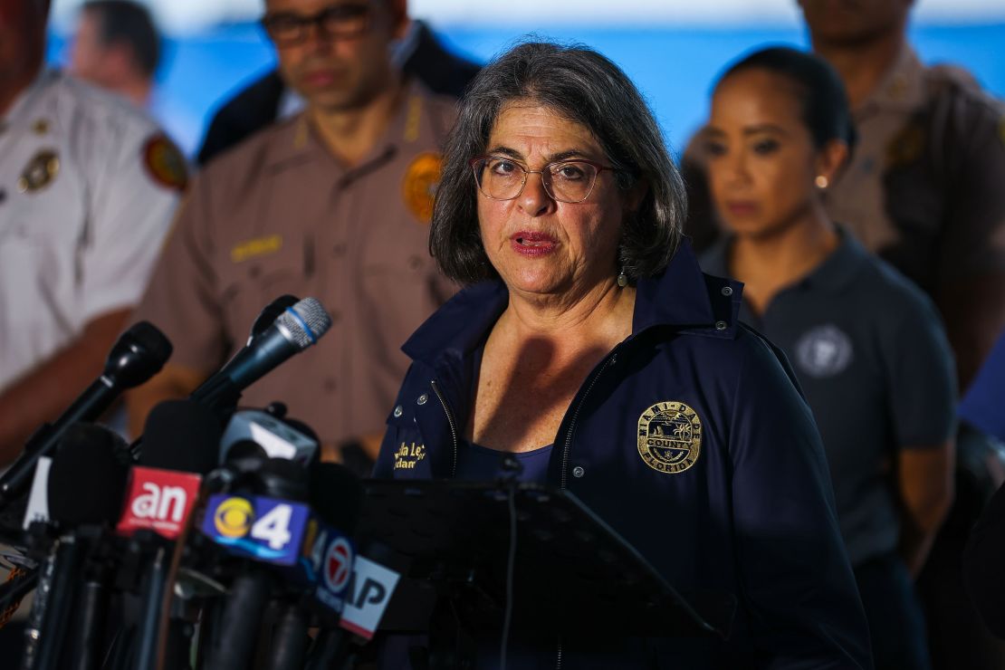 Miami-Dade Mayor Daniella Levine Cava delivers a speech during a rescue operation of the partially collapsed Champlain Towers South in Surfside, Florida on June 29, 2021.