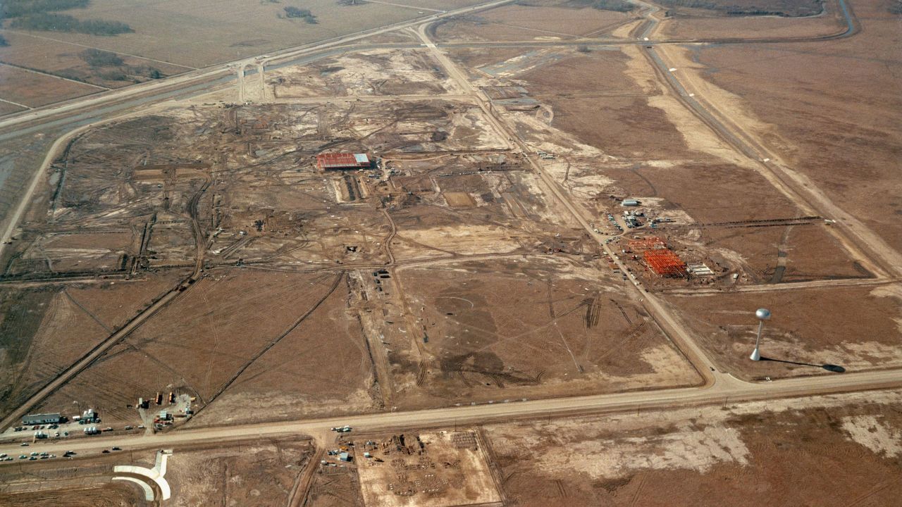 An aerial view of the construction site for the Manned Spacecraft Center (which would eventually be renamed Johnson Space Center), in the Clear Lake area outside Houston, Texas, 1963.