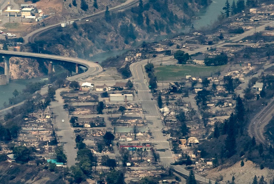 An aerial photo taken from a helicopter on Thursday, July 1, shows the destruction wrought by a wildfire that hit Lytton, British Columbia, on Wednesday, June 30.