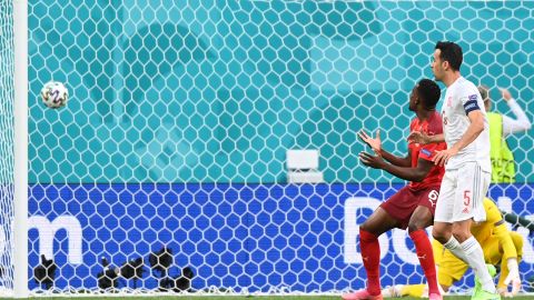 Denis Zakaria watches as his deflection puts Spain ahead in the match.