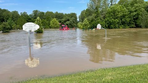 The flooded basketball court at Jay Dix Station in Columbia, where two Boy Scouts rescued a drowning woman.