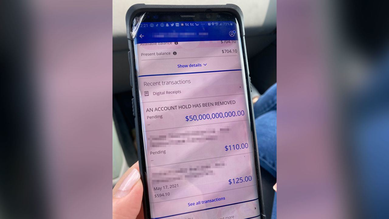 A bank accidentally deposited $50 billion into a Louisiana family's account. A portion of this image has been blurred by CNN to protect personal information. 
