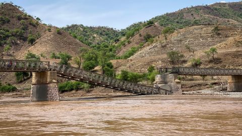 A destroyed bridge crossing the Tekeze River is seen in the Tigray region of northern Ethiopia Thursday, July 1.