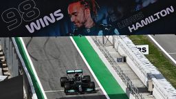 BARCELONA, SPAIN - MAY 09: Race winner Lewis Hamilton of Great Britain driving the (44) Mercedes AMG Petronas F1 Team Mercedes W12 into parc ferme during the F1 Grand Prix of Spain at Circuit de Barcelona-Catalunya on May 09, 2021 in Barcelona, Spain. (Photo by Clive Mason - Formula 1/Formula 1 via Getty Images)
