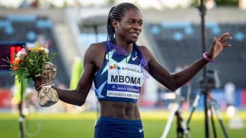 Christine Mboma of Namibia reacts set a new world Under-20 record in a women's 400m race at the Irena Szewinska Memorial athletics meeting in Bydgoszcz, Poland, 30 June 2021.