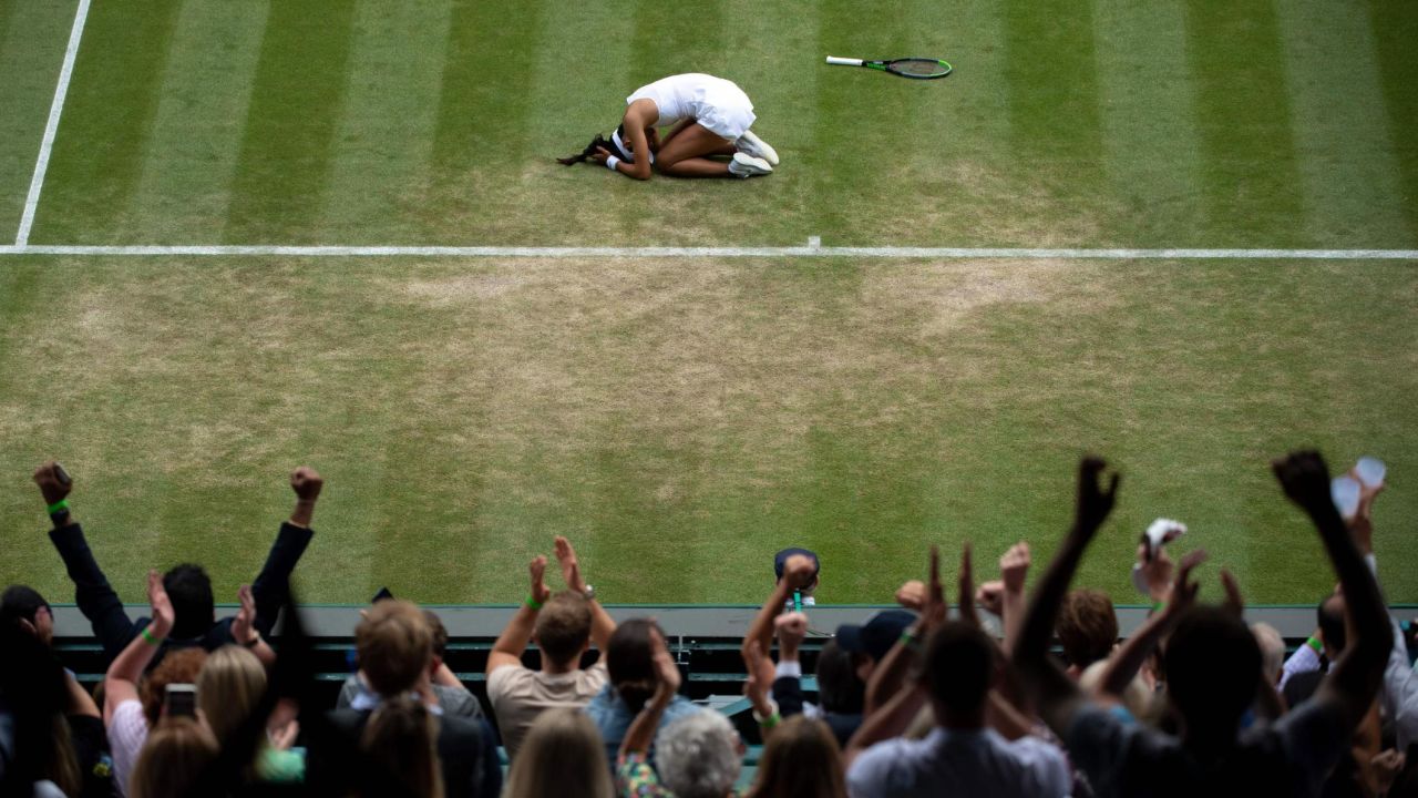 Emma Raducanu celebrates winning her third-round match at Wimbledon against Romania's Sorana Cirstea.