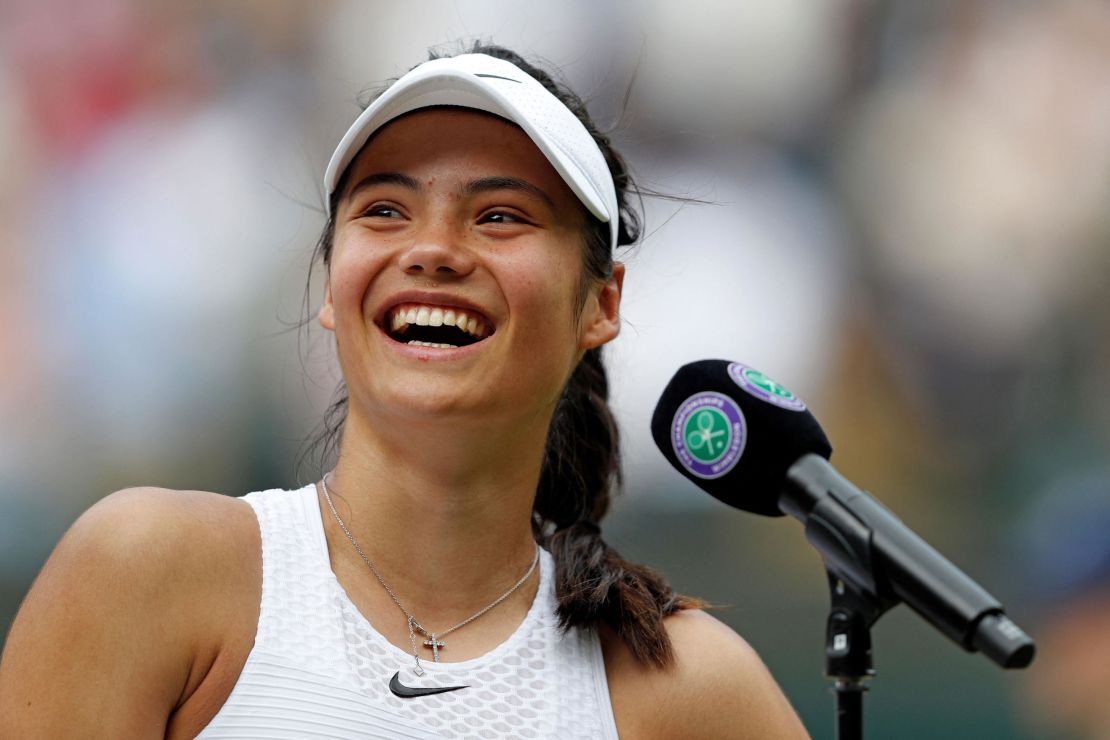 Raducanu smiles during her media interview after beating Romania's Sorana Cirstea in Wimbledon's third round.