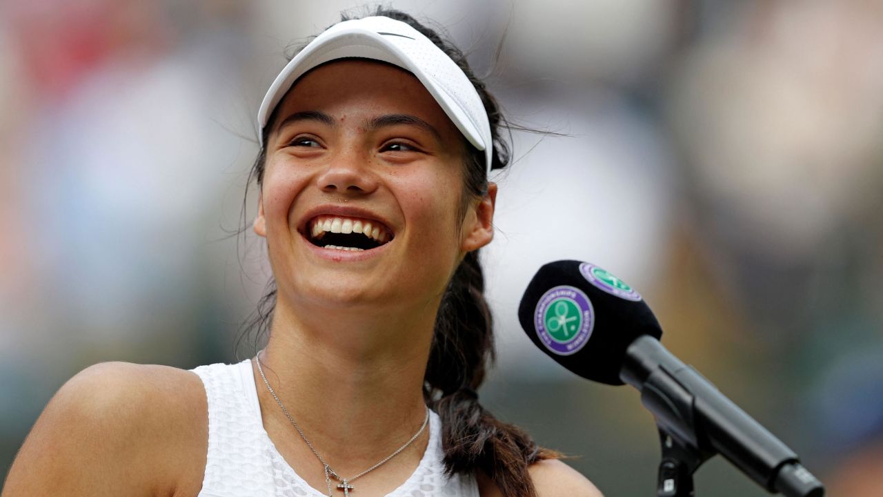 Raducanu smiles during her media interview after beating Romania's Sorana Cirstea in Wimbledon's third round.