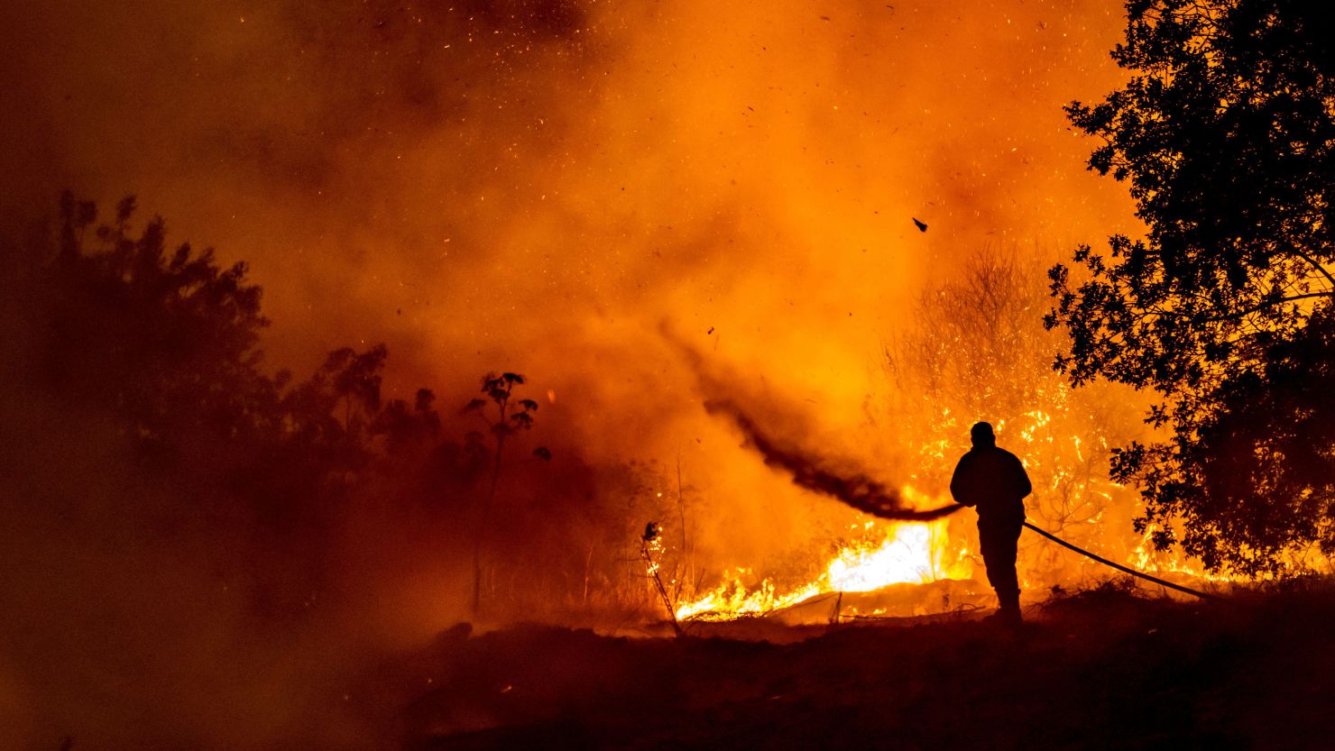 A firefighter battles the flame in a forest on the slopes of the Troodos mountain chain on July 3.