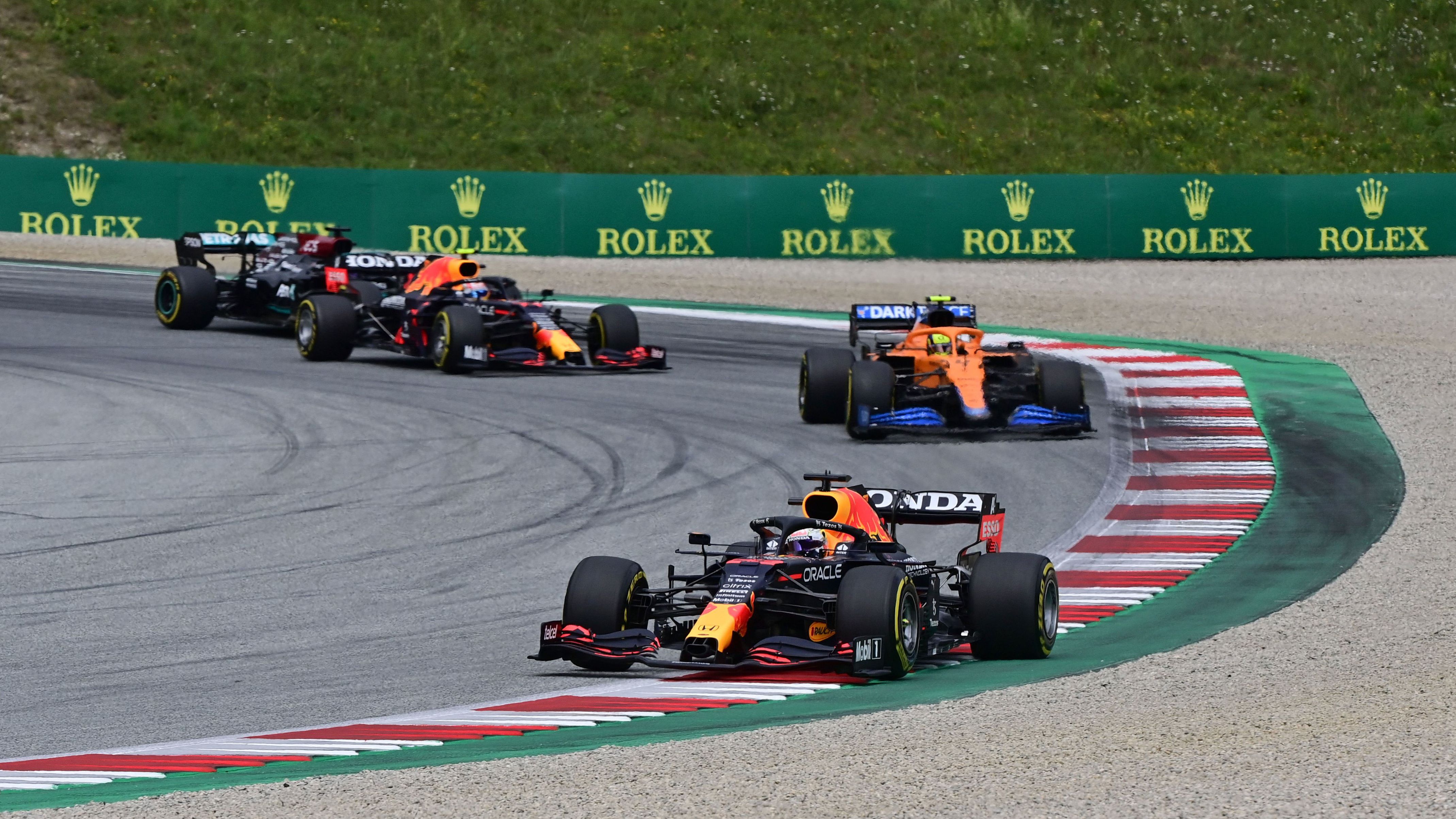 Verstappen takes the lead at the start of the Austrian Grand Prix, ahead of McLaren's Lando Norris, Red Bull's Sergio Perez and Mercedes'  Lewis Hamilton.
