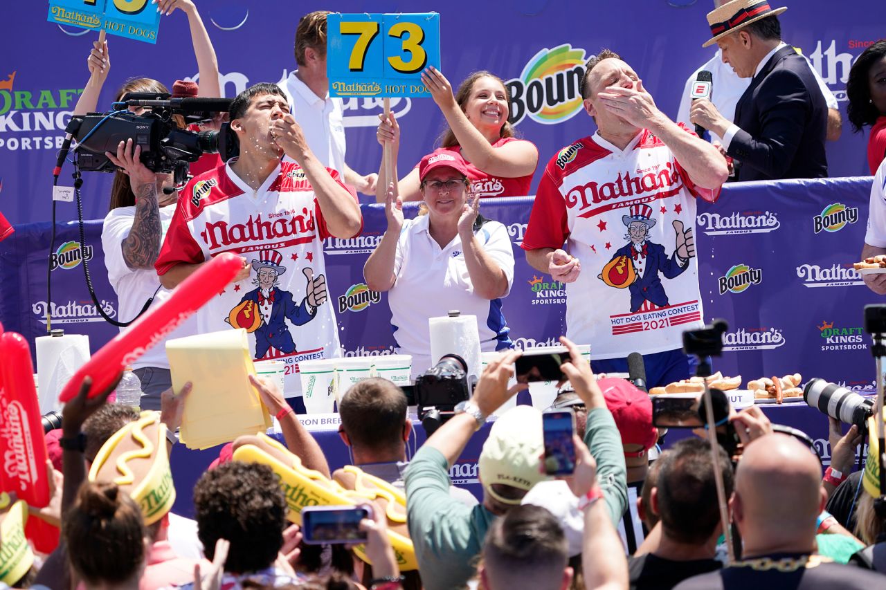Defending Champion Joey 'Jaws' Chestnut competes during the 2021 Nathan's Famous International Hot Dog Eating Contest at Coney Island on July 4.