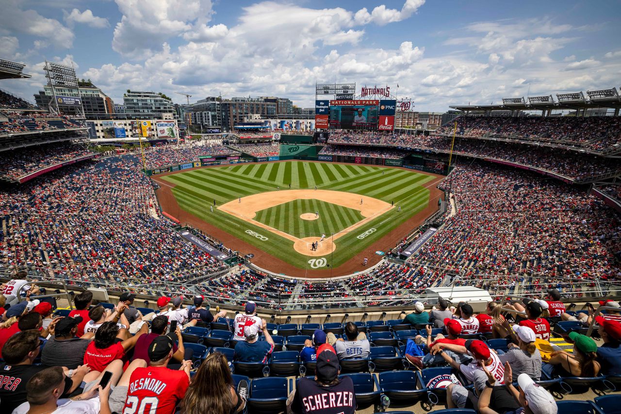 Fans watch the fourth inning of the game between the Washington Nationals and the Los Angeles Dodgers at Nationals Park on Sunday, July 4.