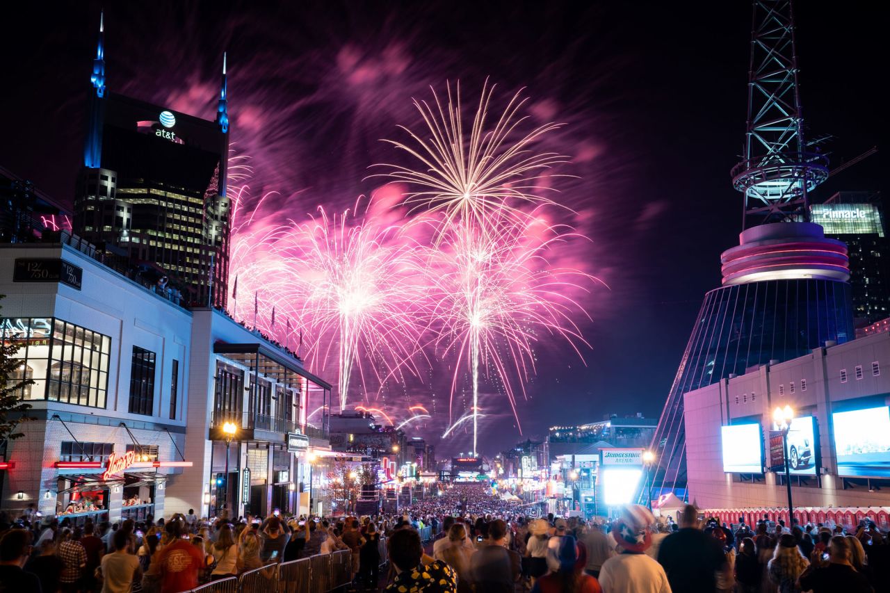 Fireworks light up the sky over Broadway during the Let Freedom Sing! Music City July 4th event in Nashville, Tennessee. 
